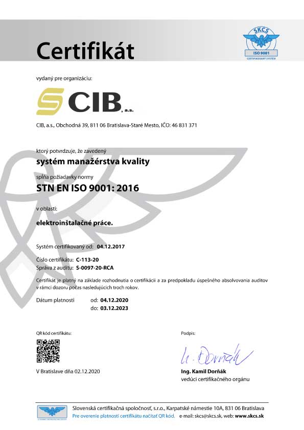 CIB s.r.o. certifikát